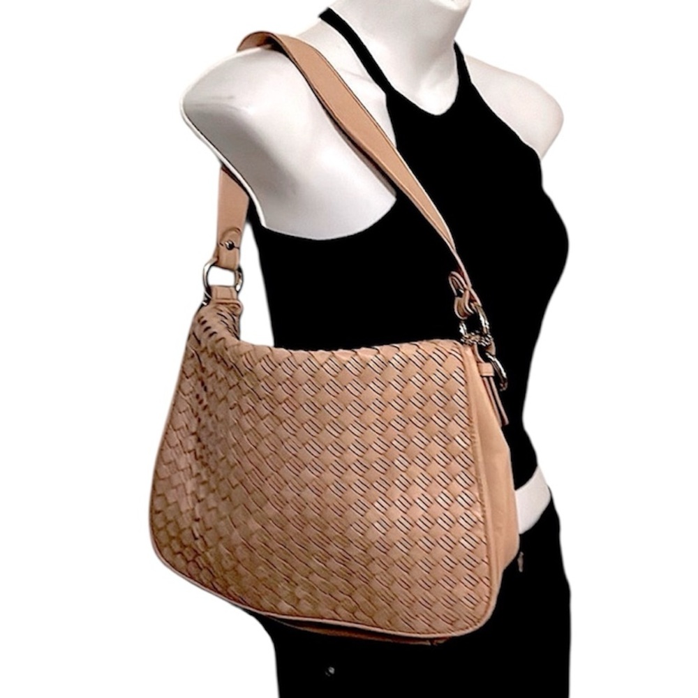 Cole Haan Camel Color Woven Leather Slouchy Newsie Style Shoulder Hand Bag Purse